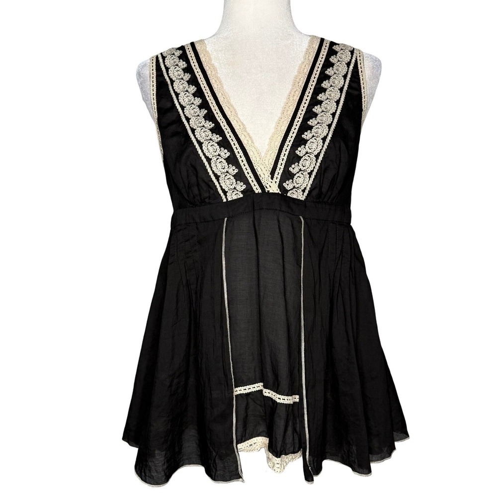 Vintage Y2K New Look M Black Crochet Split Front Babydoll Tunic Blouse Cotton